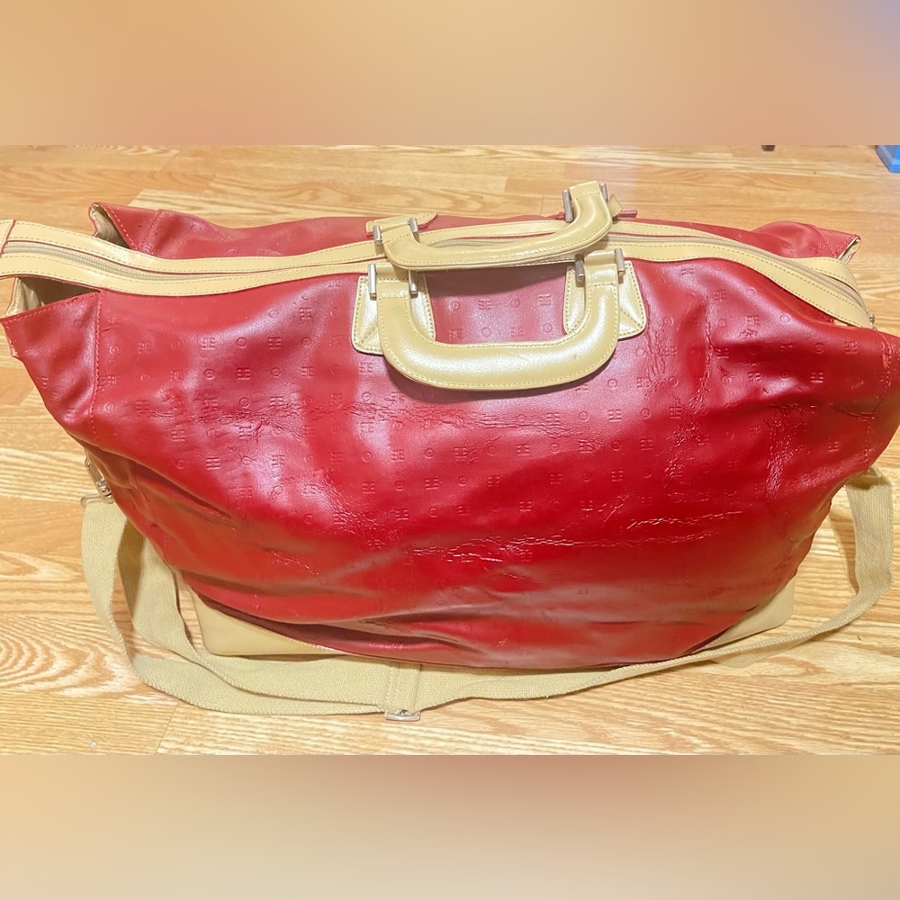 Arcadia Italy Red Tan Embossed Leather Duffel Travel Bag Weekend Bag Carry On‎